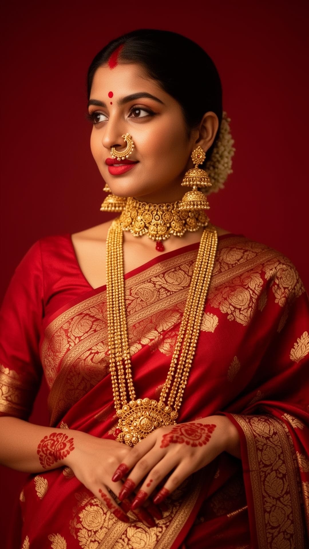 Bengali bride in red Banarasi saree wearing traditional gold jewellery